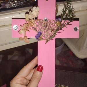 Pink Decorative Cross with Floral Accents